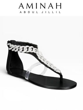 AAJ BY AMINAH AURORA WOMENS CRYSTAL CHAIN FLAT SANDALS GLAM THONGS SIZE 7.5 NIB